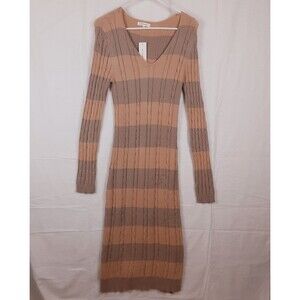 No Comment Womens Small Long Sleeved Knit Sweater Maxi Dress Brown Striped